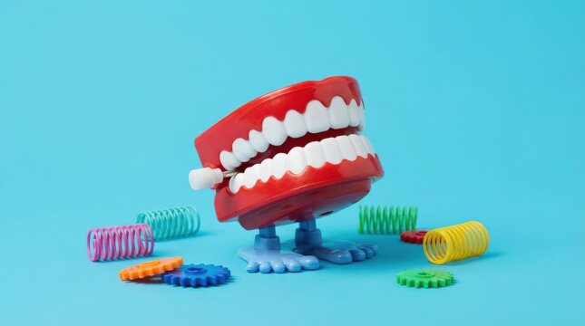 Wind-up chattering teeth toy on blue background, playful and humorous composition, vibrant color contrast, sharp focus and clean backdrop,no logos