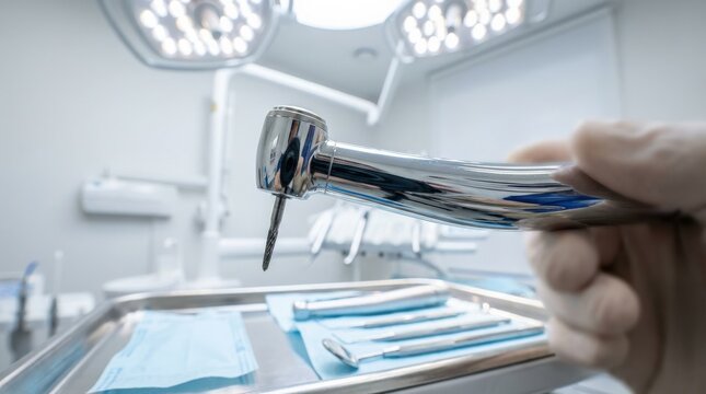 Close-up of dental drill tool in modern clinic, metallic surface reflecting light, sterile environment and precision detail, macro focus, shot on Nikon Z6,no logos