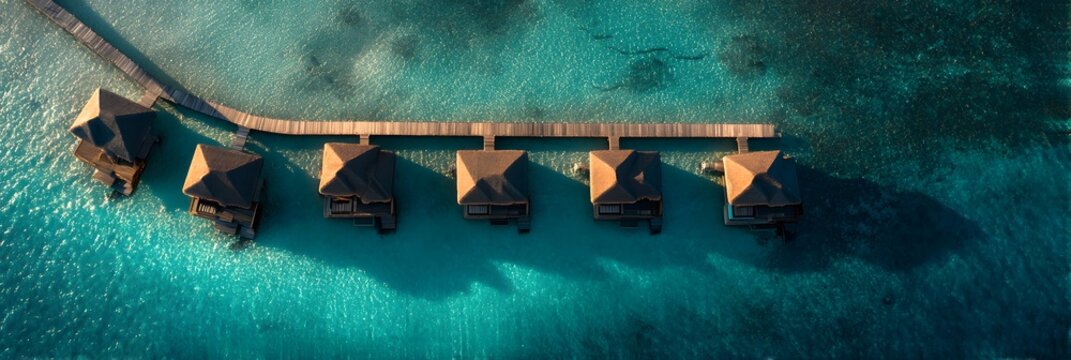 Aerial View Of Overwater Bungalows With Wooden Pier In Turquoise Water On A Sunny Day
