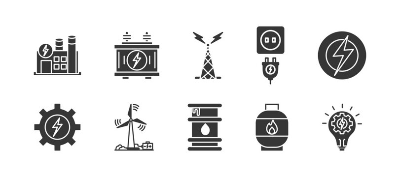 Energy & Power glyph icon set collection. Icon pack contain &bull;  Power plant, Electricity, Battery Generator, Electric tower, Plug, Lightning bolt, Turbine, Oil barrel, Gas energy, management
