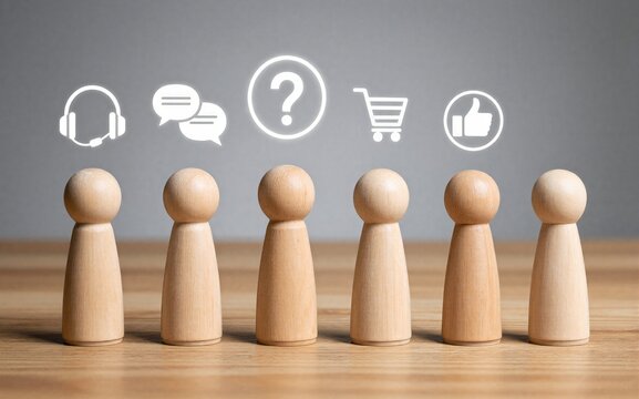 Wooden figures represent customer service shopping and feedback in a