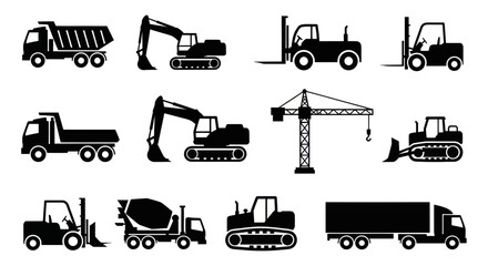 Construction Vehicles Set: Silhouettes of Trucks, Excavators, Cranes, Forklifts, and Bulldozers © heru