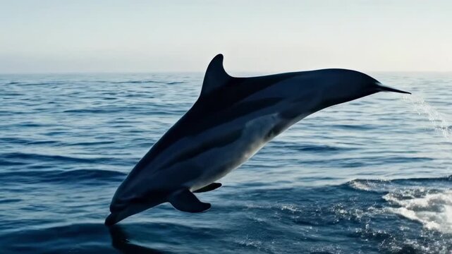 Solitary dolphin surfacing through gently rippled blue water, lifted rostrum and glistening back capturing a quiet pelagic encounter in calm daylight across the open ocean expanse at sunrise