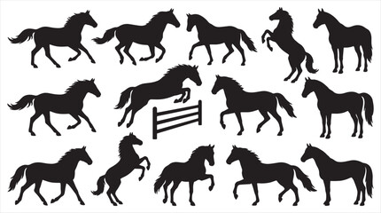 Fototapeta premium Horse silhouette bundle for animal and wildlife designs, isolated on white background.