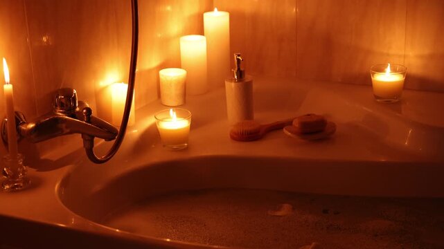 Romantic atmosphere. Petals falling into bathtub with burning candles, soap and brush in bathroom, closeup