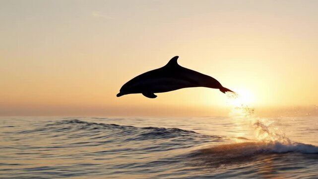 Silhouetted bottlenose dolphin vaulting above a sunlit swell at dawn, luminous spray trailing behind the tail as warm horizon glow turns the open sea into a tranquil cinematic marine moment