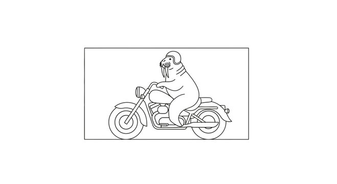 Funny Walrus Riding Motorcycle Wearing Helmet, Cartoon Style