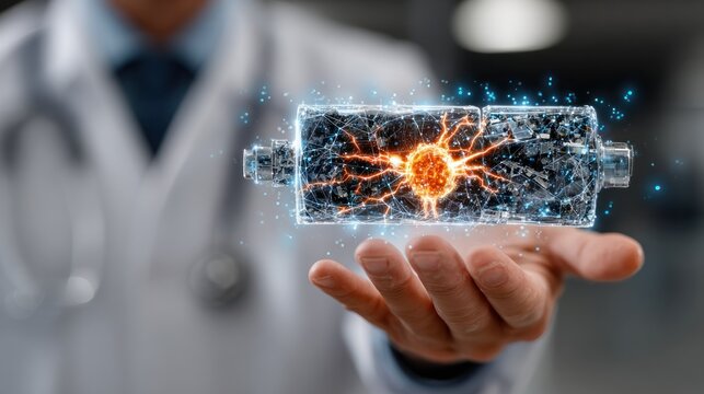 Scientist holds futuristic energy cell with glowing core and complex circuitry