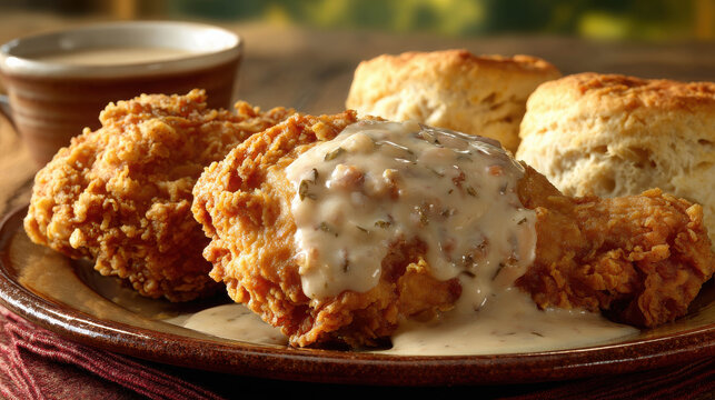 Crispy fried chicken and biscuits, a classic Southern comfort food dish. The chicken is golden-brown and the biscuits fluffy and warm. A gravy topping with herbs enhances the flavor profile