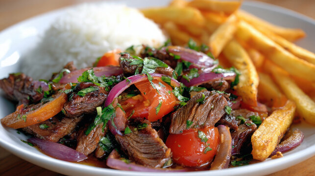 A delicious Peruvian dish of Lomo Saltado on a plate with rice and french fries