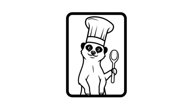 Cute Meerkat Chef Holding Spoon - Black and White Cartoon Logo