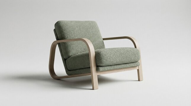 Poltrona moderna e minimalista com estrutura de madeira e estofado verde texturizado. M&oacute;vel isolado em fundo branco, conceito de design de interiores