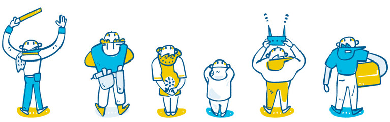 明るい未来を確信し高みを見据えるブルーワーカー・エッセンシャルワーカーの情熱と決意 志を共にするプロのポーズ集 手書きベクターイラスト © gogondayo