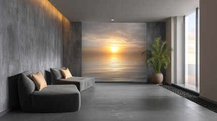 Fototapeta premium A modern interior featuring minimalist furniture with a breathtaking sunset view backdrop, creating a serene and stylish atmosphere. The presence of comfortable seating encourages relaxation.