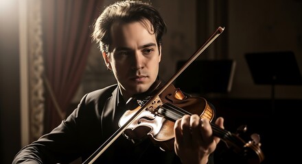 Fototapeta premium Intense Violinist Performing with Passion and Focus in Concert Hall.