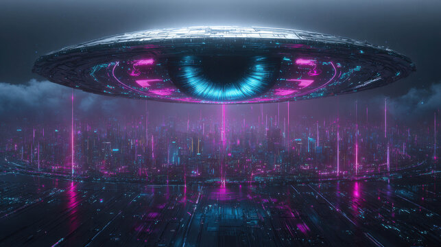 A Futuristic UFO hovering above a neon city. The cityscape glows with vibrant lights, creating a sci-fi atmosphere