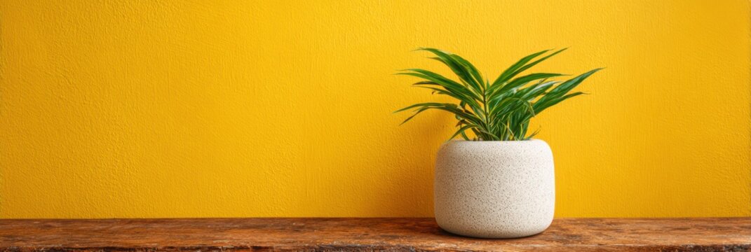 黄色い壁の近くの木のテーブルの上の鍋の中の緑の植物