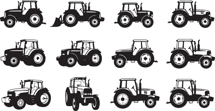 Collection of tractor silhouettes in various positions and angles