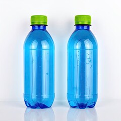 Naklejka premium Two refreshing blue plastic water bottles with green caps on a white surface providing hydration for a healthy lifestyle against a plain backdrop