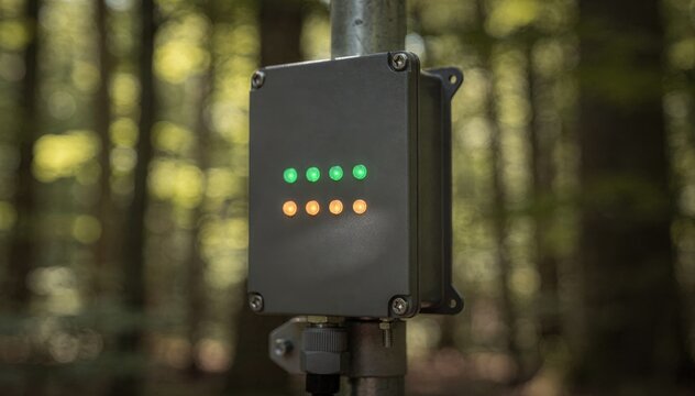 Closeup of an outdoor FM transmitter with glowing indicator lights sharply focused against a softly blurred background of forest greenery.