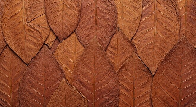 Close up view of dried brown tobacco leaves textured background