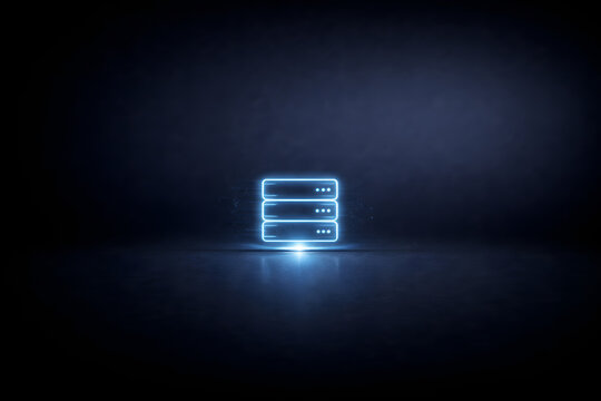 Neon Blue Server Stack Icon in Dark Technology Space