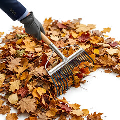 Obraz premium Person Raking Autumn Leaves with a Metal Rake.