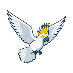 White cockatoo with a yellow crest flying with wings spread for tropical nature designs and exotic wildlife illustrations and professional animal branding and art © firstcolor