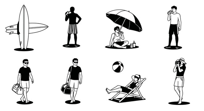 Summer Beach Vacation People Activities Icons Black  White Line Art Set