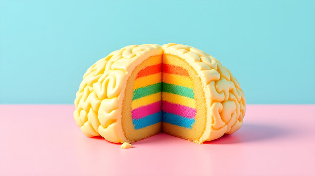 A brain shaped cake with a layered rainbow sponge interior sitting on a pink surface against a soft blue background