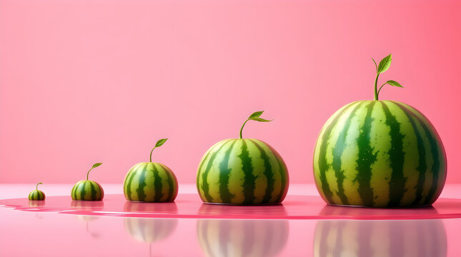 Five watermelons of increasing sizes arranged in a horizontal row on a reflective pink surface against a minimalist solid pink background studio shot