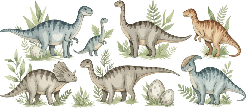 Watercolor illustration of various dinosaurs and prehistoric plants.
