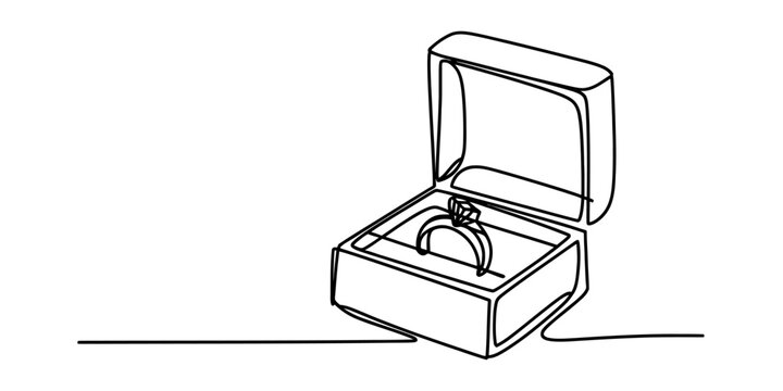Continuous single line drawing of an elegant diamond engagement ring inside an open jewelry box Vector, illustration