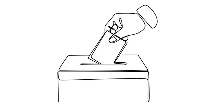 A single continuous line drawing of a hand placing a ballot paper into a white voting ballot box Vector, illustration