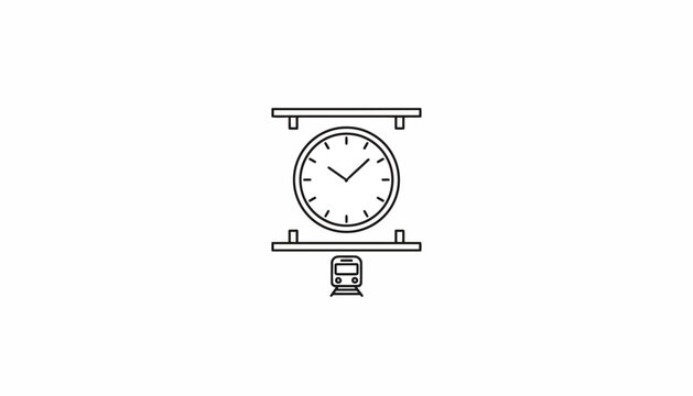Train Station Clock Icon with Train Below, Minimalist Line Art, Time Concept
