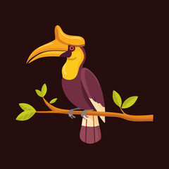 hornbill perching on a branch against a dark background with its large yellow beak and colorful feathers looking very exotic and unique © firstcolor