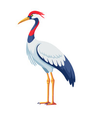Naklejka premium tall crane with white and blue feathers and a red crest standing on its long legs looking forward with elegance today