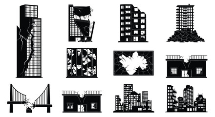 Obraz premium Disaster and Destruction: Black White Glyph Icons of Damaged Buildings Ruined Infrastructure