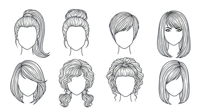 Beauty Fashion Female Hairstyles  Haircuts Black White Line Art Outline Set