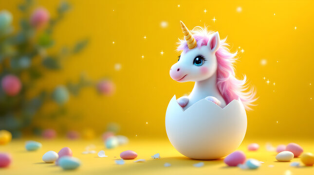 A cute cartoon unicorn emerging from a broken white egg on a bright yellow background with pastel easter eggs in soft lighting