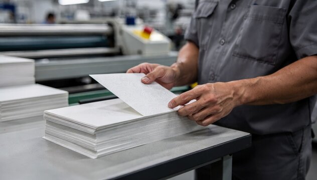 Manual inspection scene showing a person carefully flipping through greeting cards focused on texture and print sharpness blurred factory elements behind.