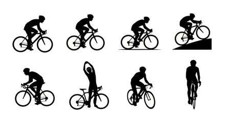 Obraz premium Cyclist silhouettes set: sports bicycle rider poses black vector illustration collection
