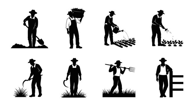 Agricultural farmer silhouette vector set with tools in black and white illustration style