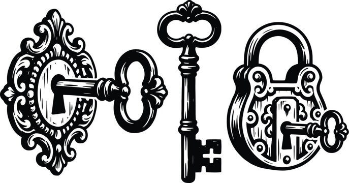 Set of black and white vintage illustrations of keys and locks.