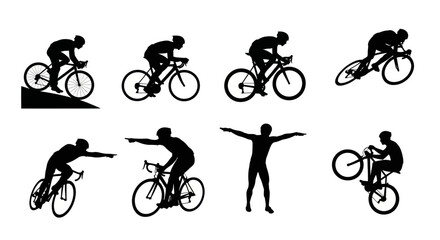 Obraz premium Cyclist Silhouettes: Racing, Standing, and Wheelie Poses - Vector Art
