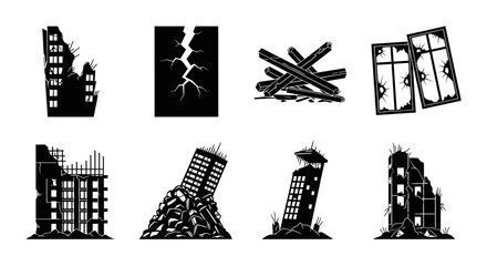 Fototapeta premium Black and White Icons of Ruined Buildings and Debris