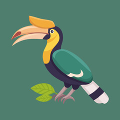 Artistic green and yellow hornbill bird illustration perched on a wooden branch showcasing unique beak shape and detailed plumage in flat design © firstcolor