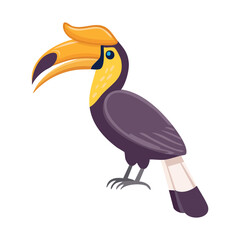 Majestic tropical hornbill bird with large yellow beak and colorful feathers perched on a branch in a vibrant jungle wildlife setting © firstcolor