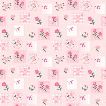 Cute Pink Floral Patchwork Seamless Pattern with Plaid Squares Ribbons and Pastel Flowers for Fabric Textile Design