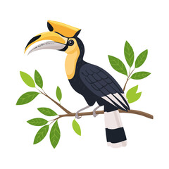 Tropical hornbill bird with large yellow beak perched on a branch with leaves in a detailed and vibrant nature vector illustration © firstcolor